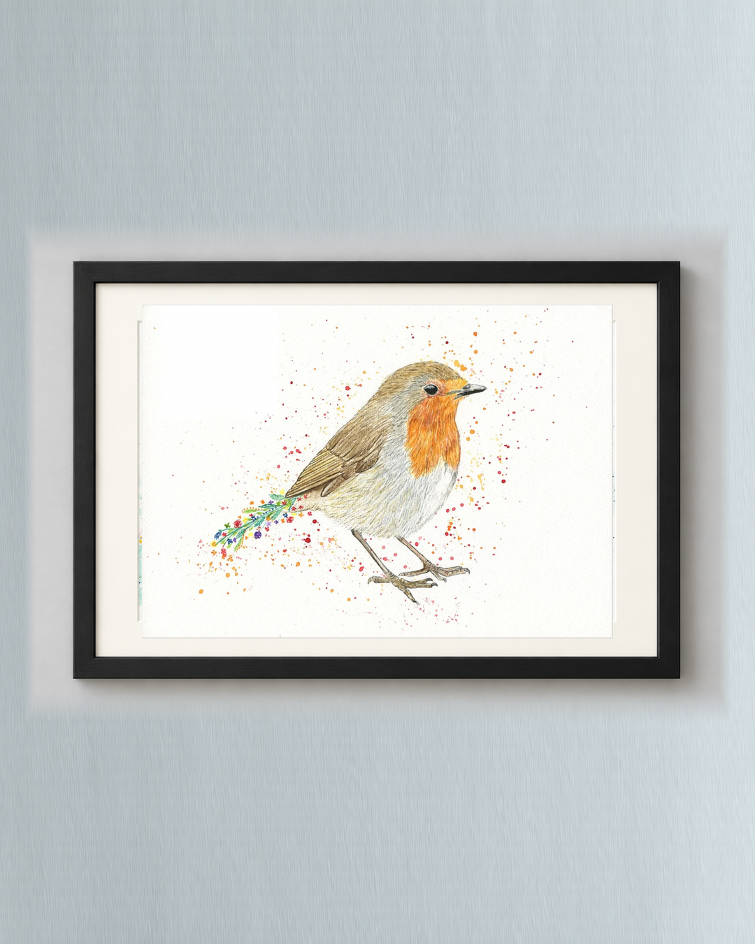 Rupert the Robin signed print in black frame