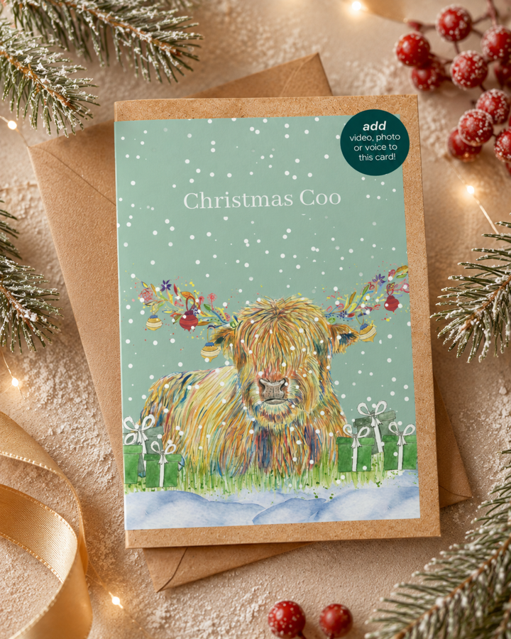 Christmas Highland QR Card - Add Video, Photo or Voice to this card