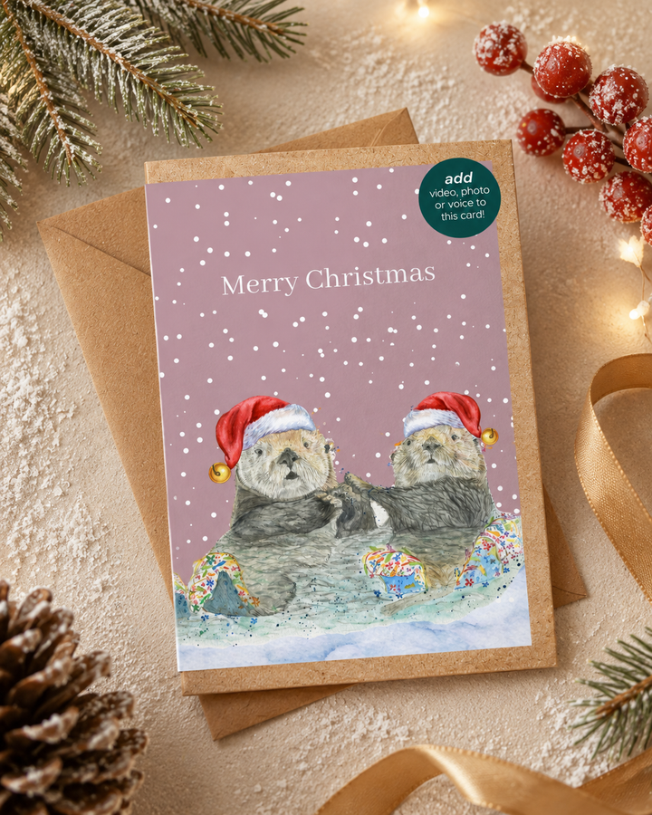 Christmas Otters QR Card - Add Video, Photo or Voice to this card