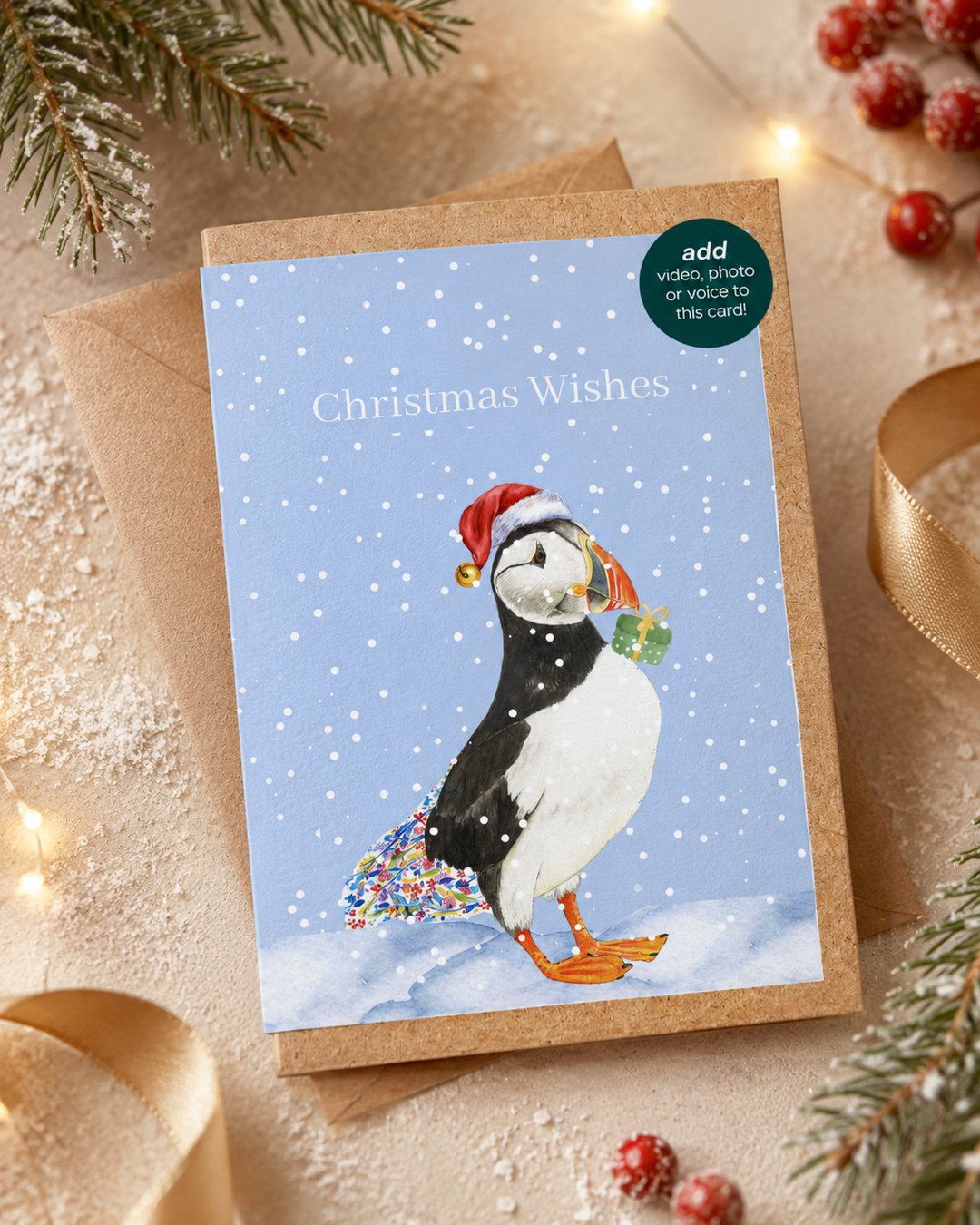 Christmas Puffin QR Card - Add Video, Photo or Voice to this card