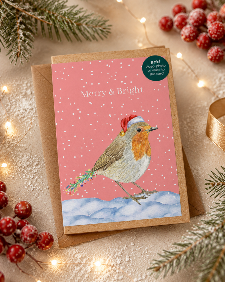 Christmas Robin QR Card - Add Video, Photo or Voice to this card