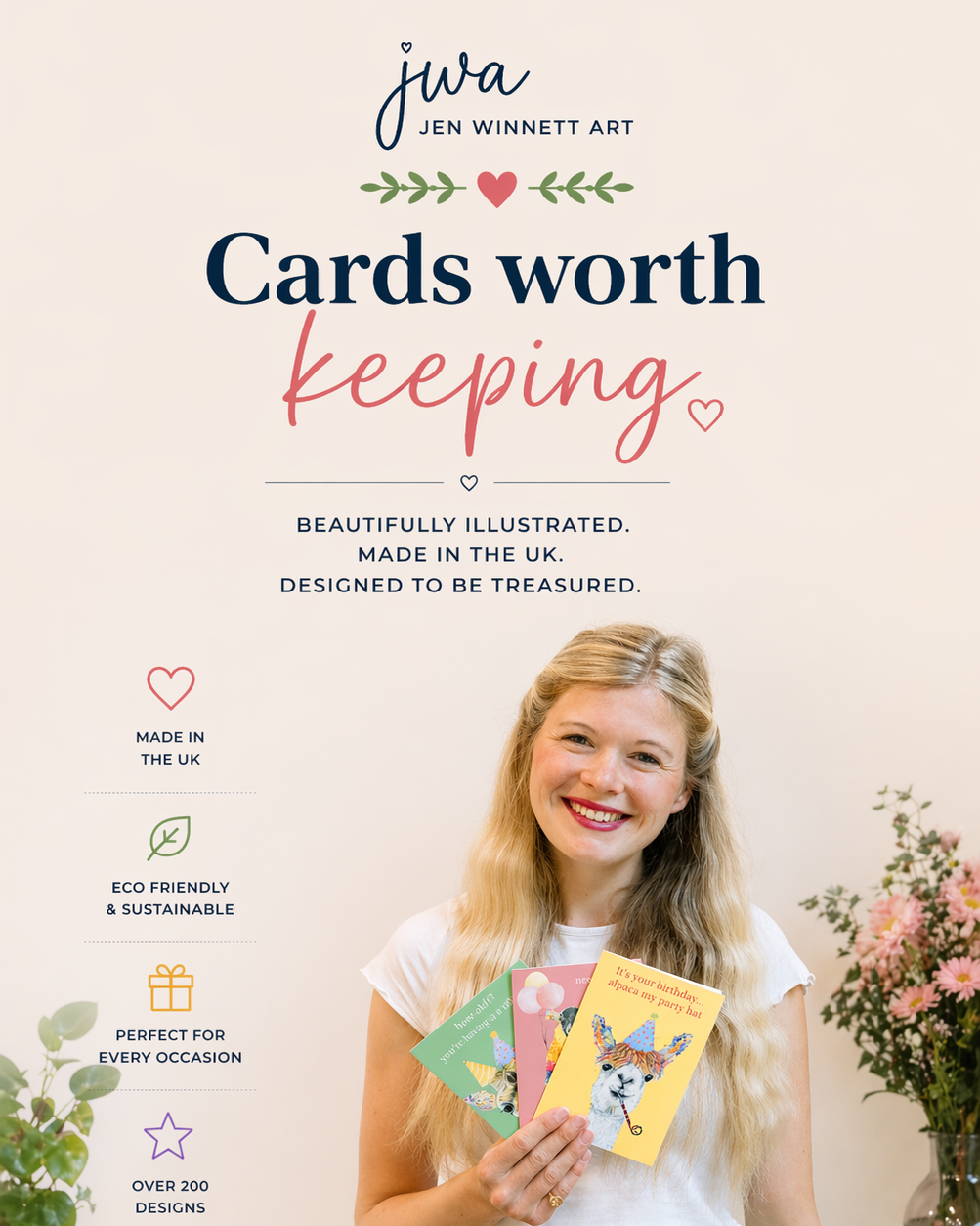 Cards Worth Keeping' with a woman holding cards and text about the brand.