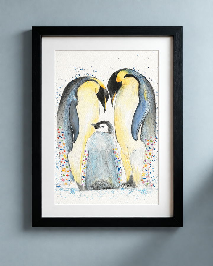 Comfort and Joy Penguins signed print in black frame