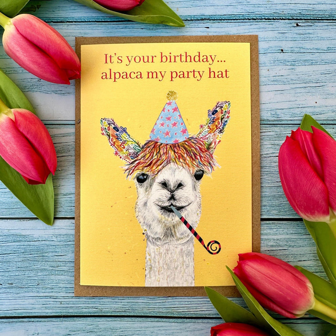Birthday card with a llama wearing a party hat and text 'It's your birthday.