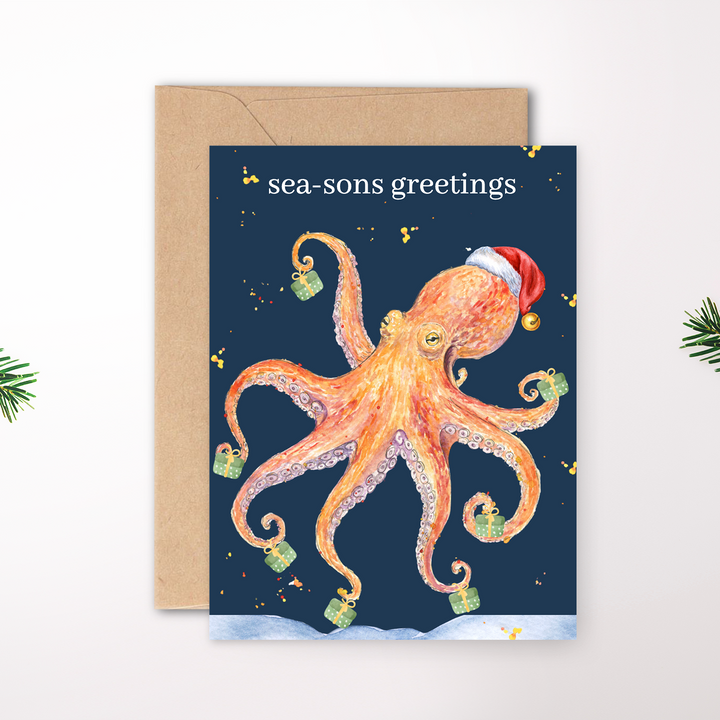 CHRISTMAS OCTOPUS SEA-SONS GREETINGS ECO CARD