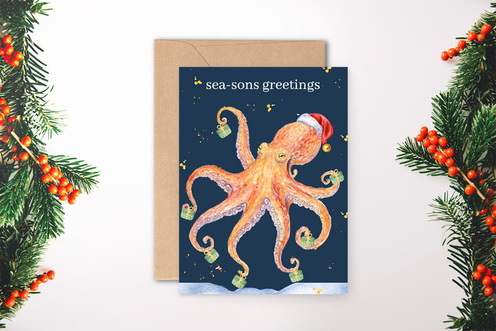 CHRISTMAS OCTOPUS SEA-SONS GREETINGS ECO CARD