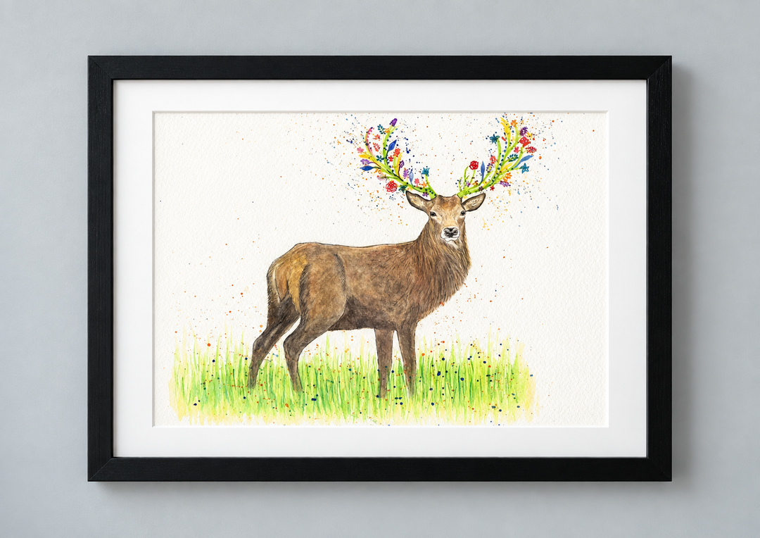 Serenity the Stag signed print in black frame